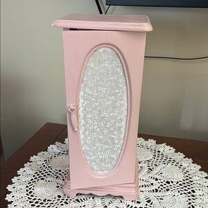 Pink Jewelry Cabinet with pink fabric covered door- room for rings and necklaces